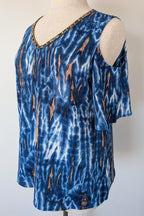 Crossroads Blue Abstract Cold Shoulder Blouse Size 16 BNWT RRP $59.99