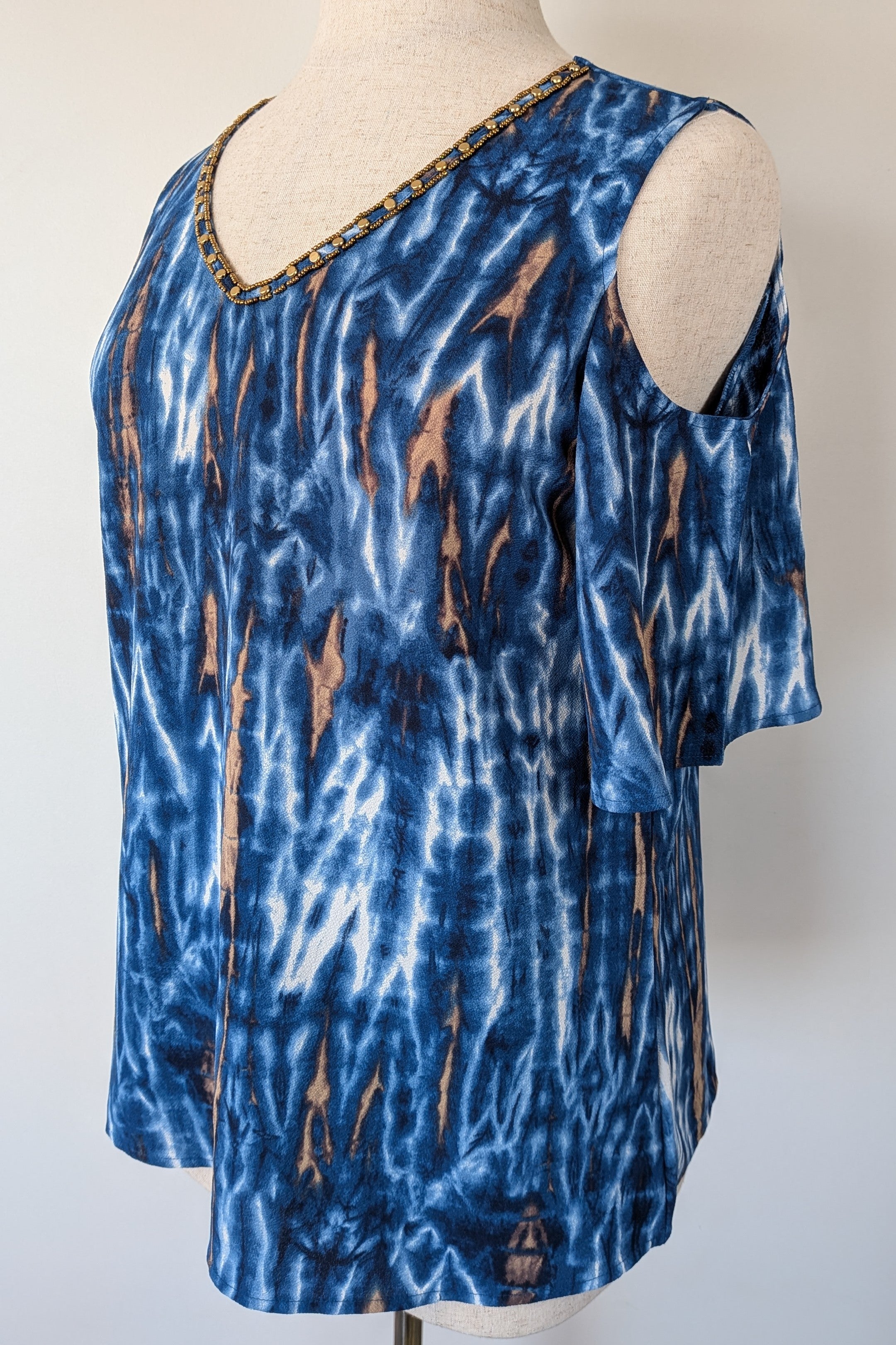 Crossroads Blue Abstract Cold Shoulder Blouse Size 16 BNWT RRP $59.99