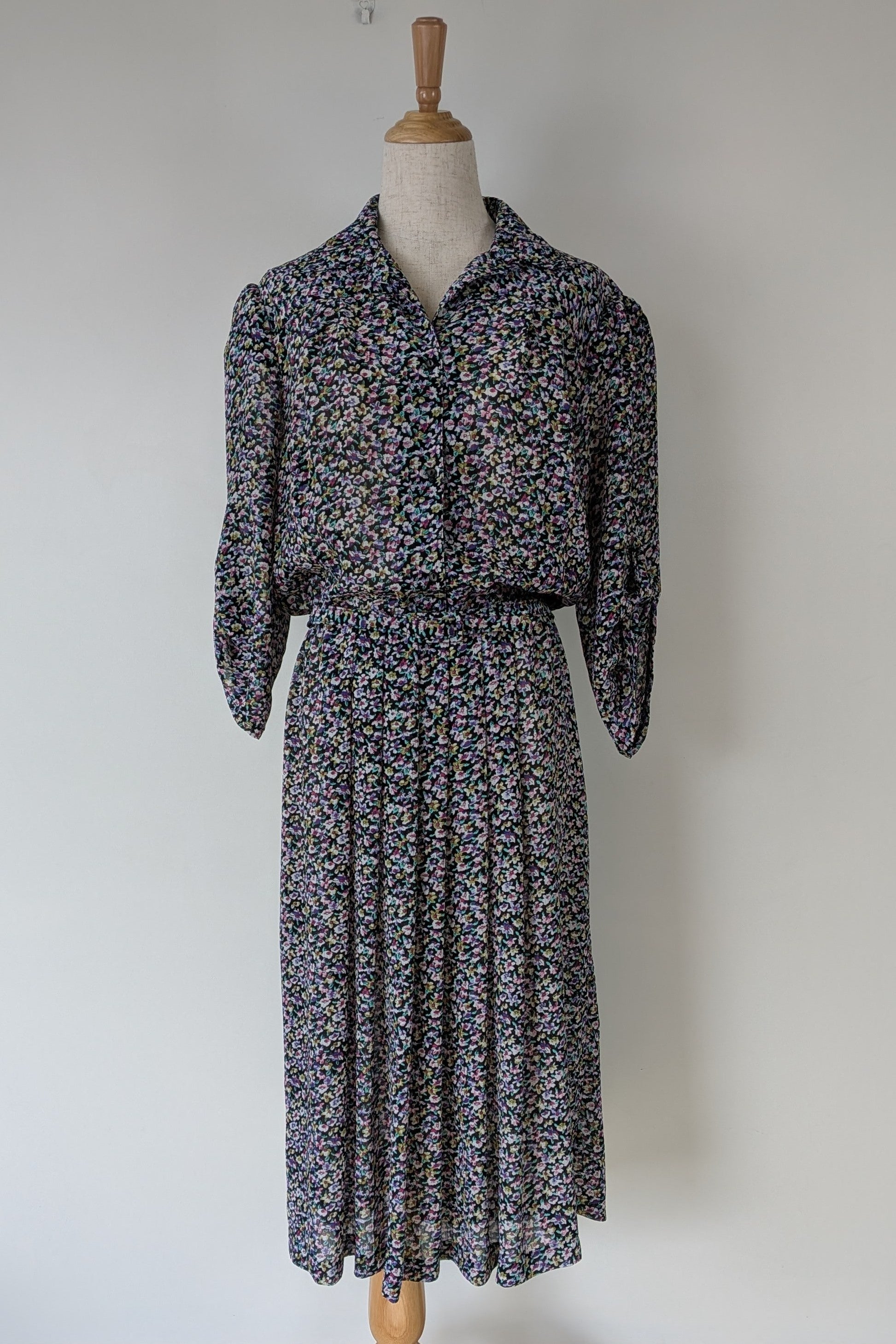 Vintage 80s David Cardigan Floral Shirt Dress Size 16