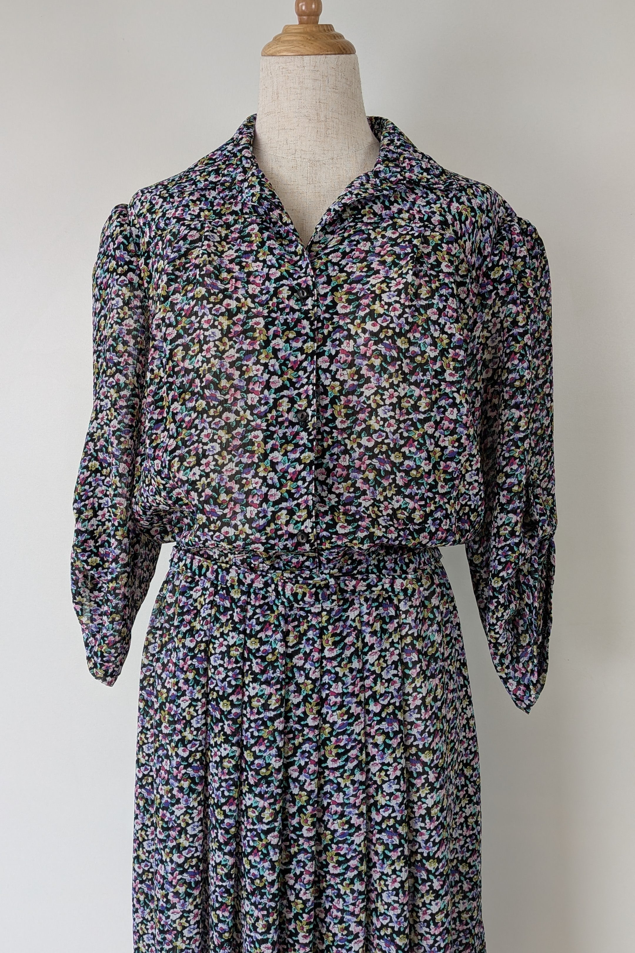 Vintage 80s David Cardigan Floral Shirt Dress Size 16