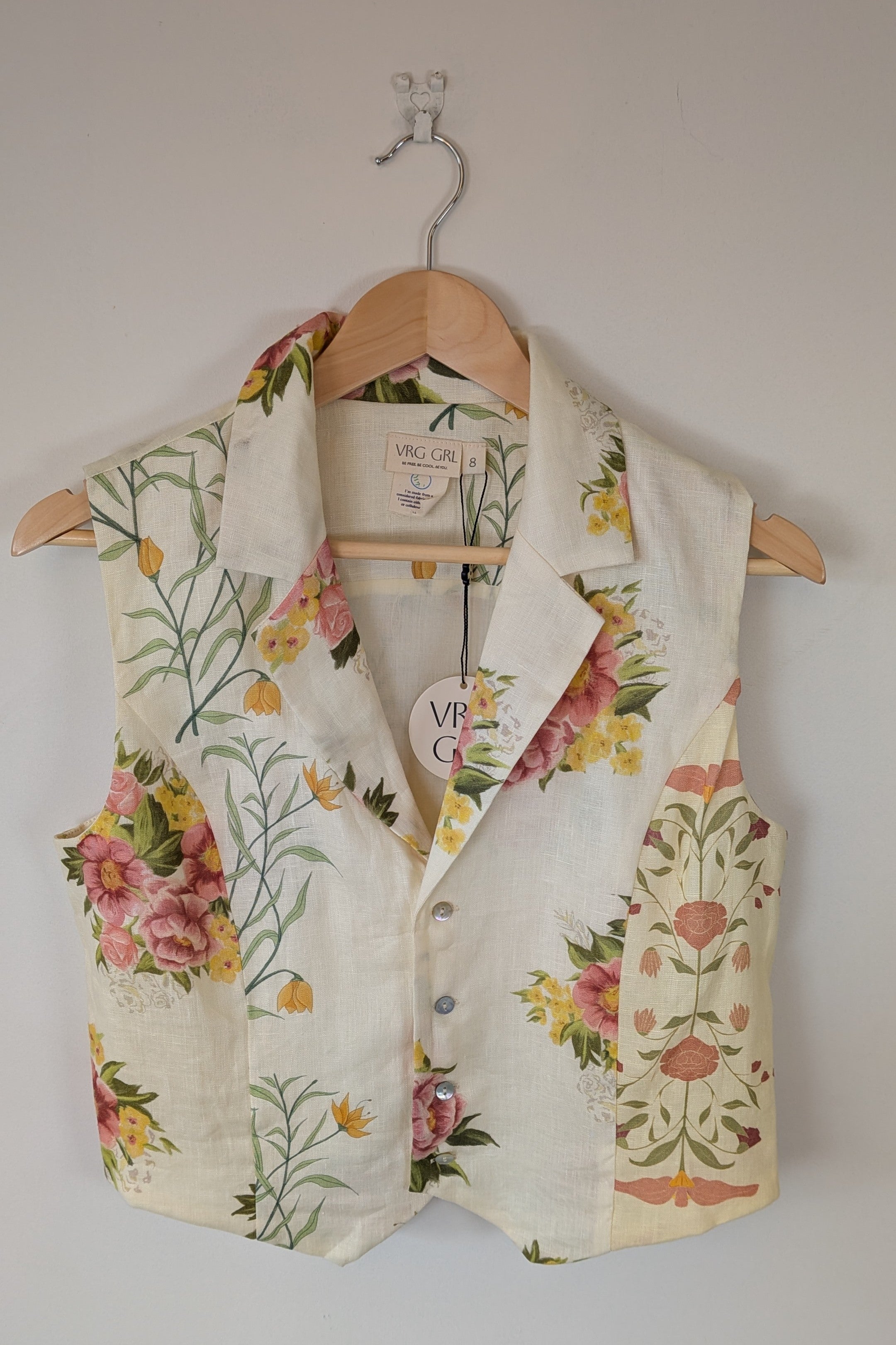 VRG GRL 100% Linen Floral Vest Size 8 Brand New With Tags