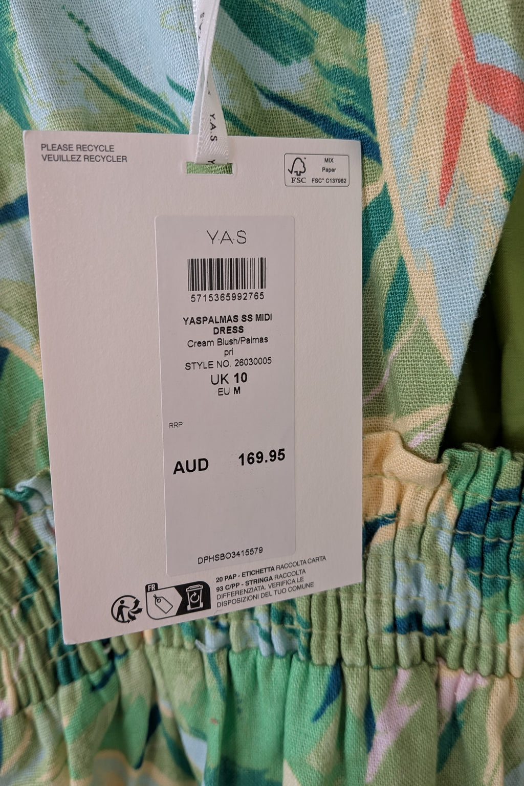 Y.A.S. Palmas Midi Dress Green Tropical Print Size M BNWT RRP $169.95