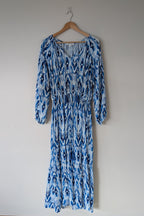 David Jones Long Sleeve Volume Waisted Maxi Dress in Blue Dye Ikat Print Size 12