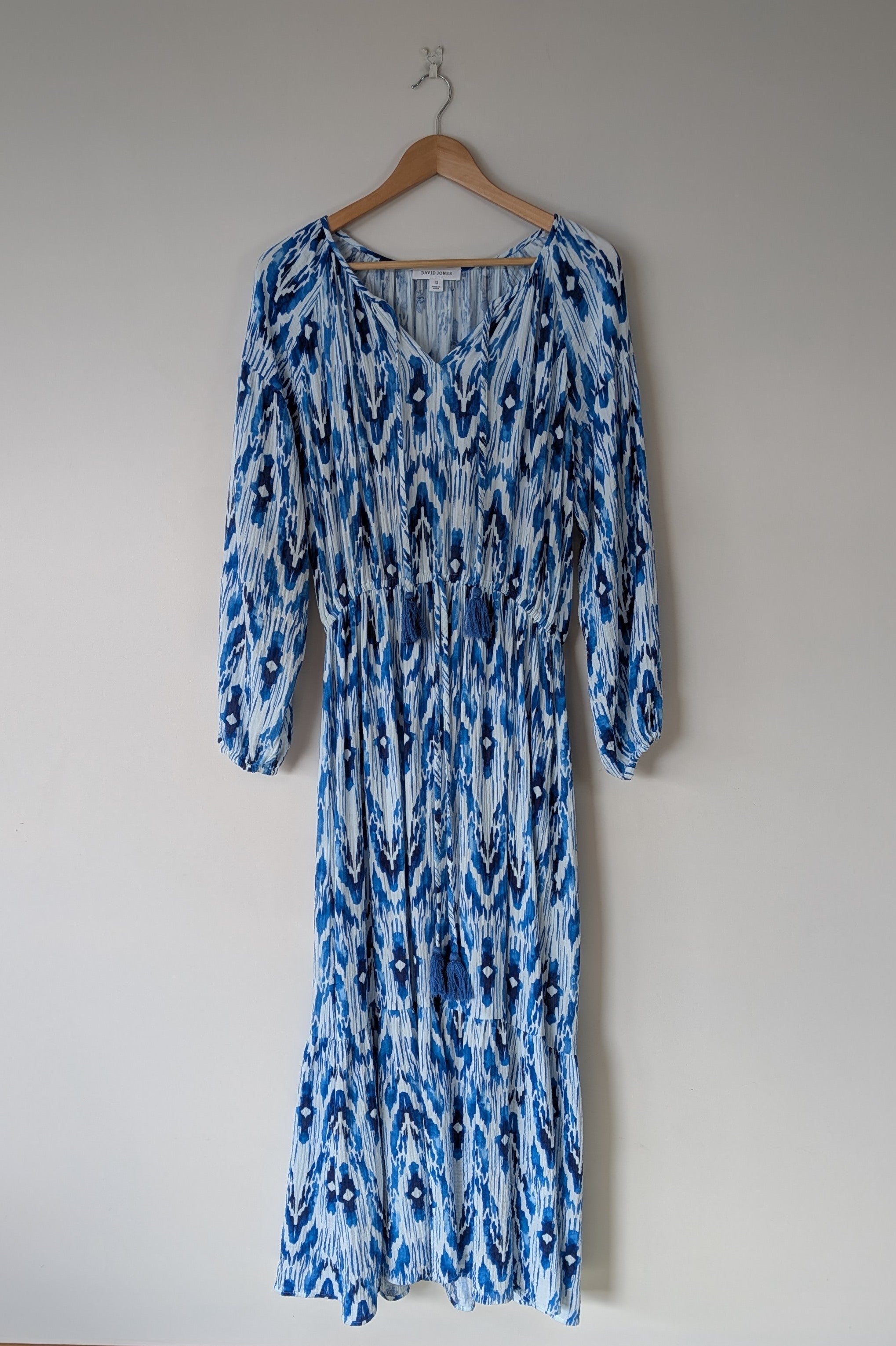 David Jones Long Sleeve Volume Waisted Maxi Dress in Blue Dye Ikat Print Size 12