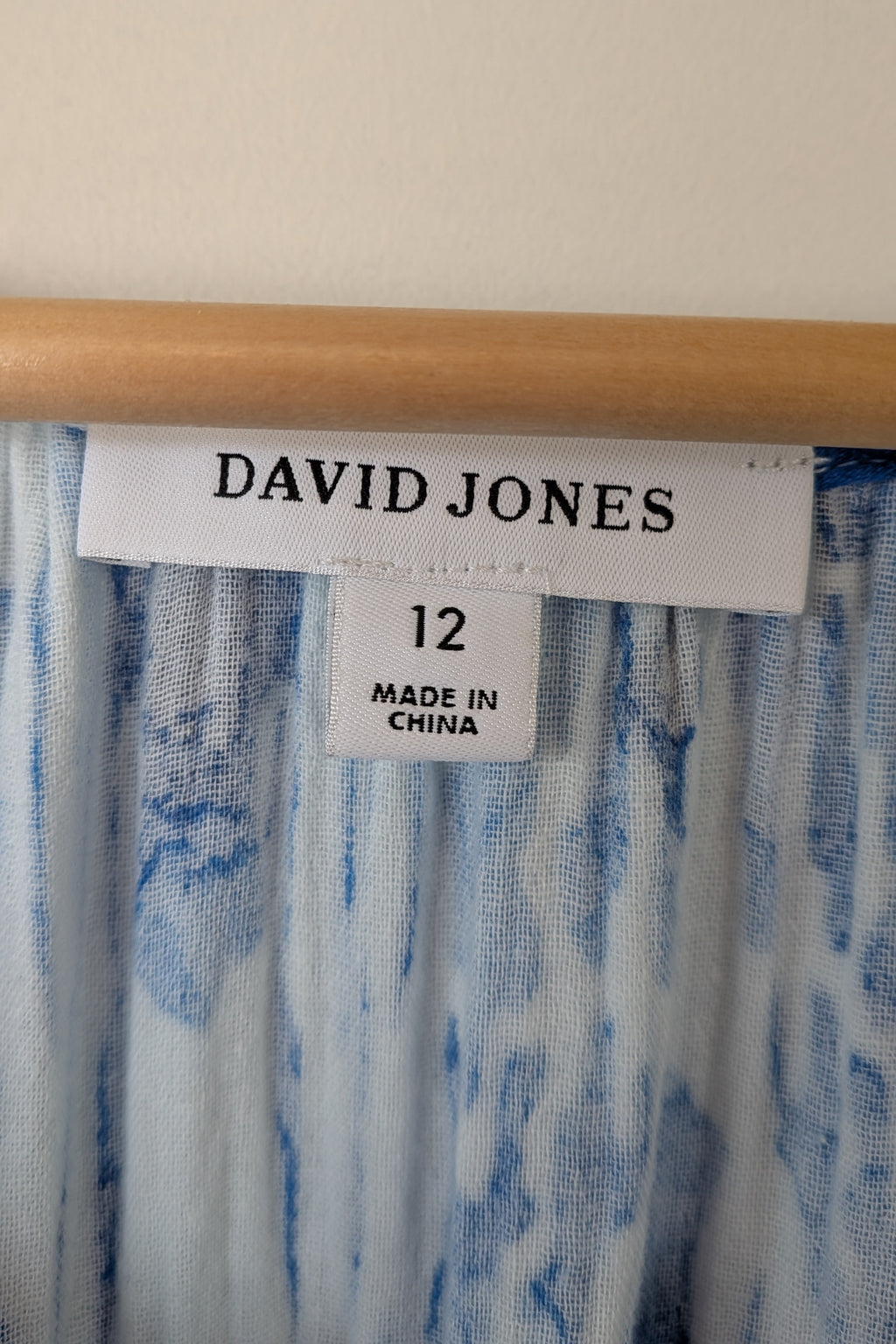 David Jones Long Sleeve Volume Waisted Maxi Dress in Blue Dye Ikat Print Size 12