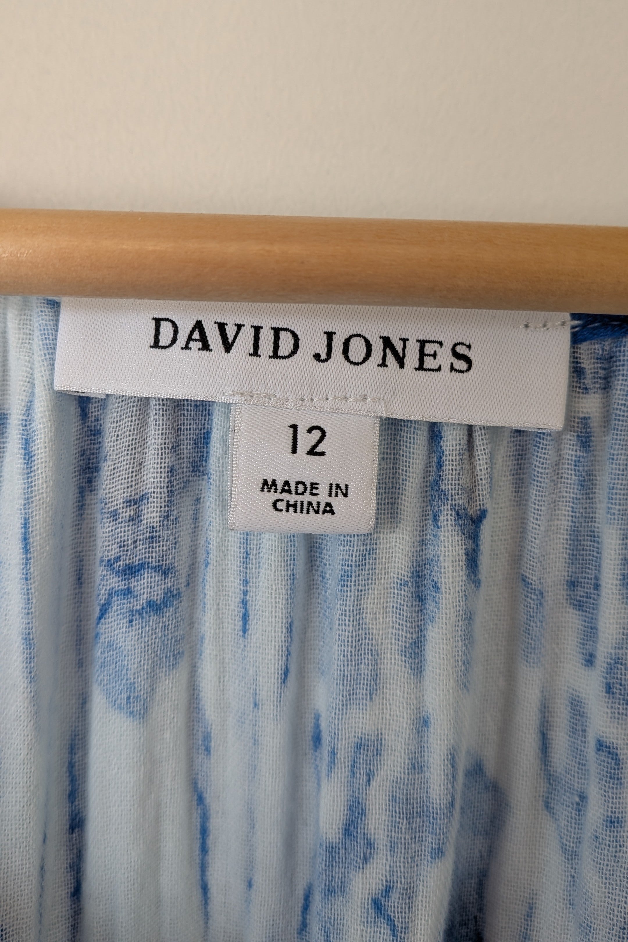 David Jones Long Sleeve Volume Waisted Maxi Dress in Blue Dye Ikat Print Size 12