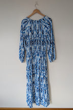David Jones Long Sleeve Volume Waisted Maxi Dress in Blue Dye Ikat Print Size 12