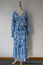 David Jones Long Sleeve Volume Waisted Maxi Dress in Blue Dye Ikat Print Size 12