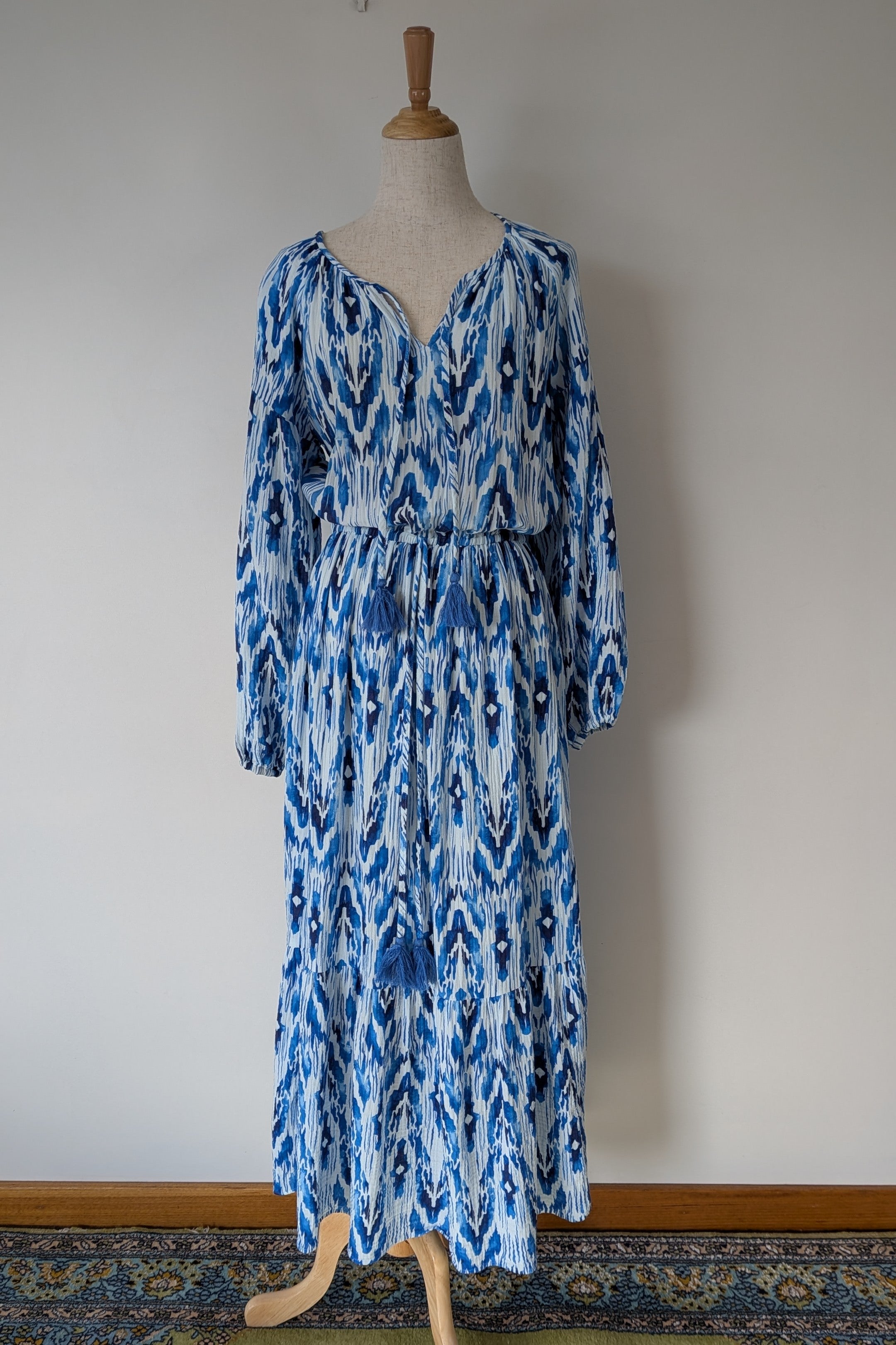 David Jones Long Sleeve Volume Waisted Maxi Dress in Blue Dye Ikat Print Size 12