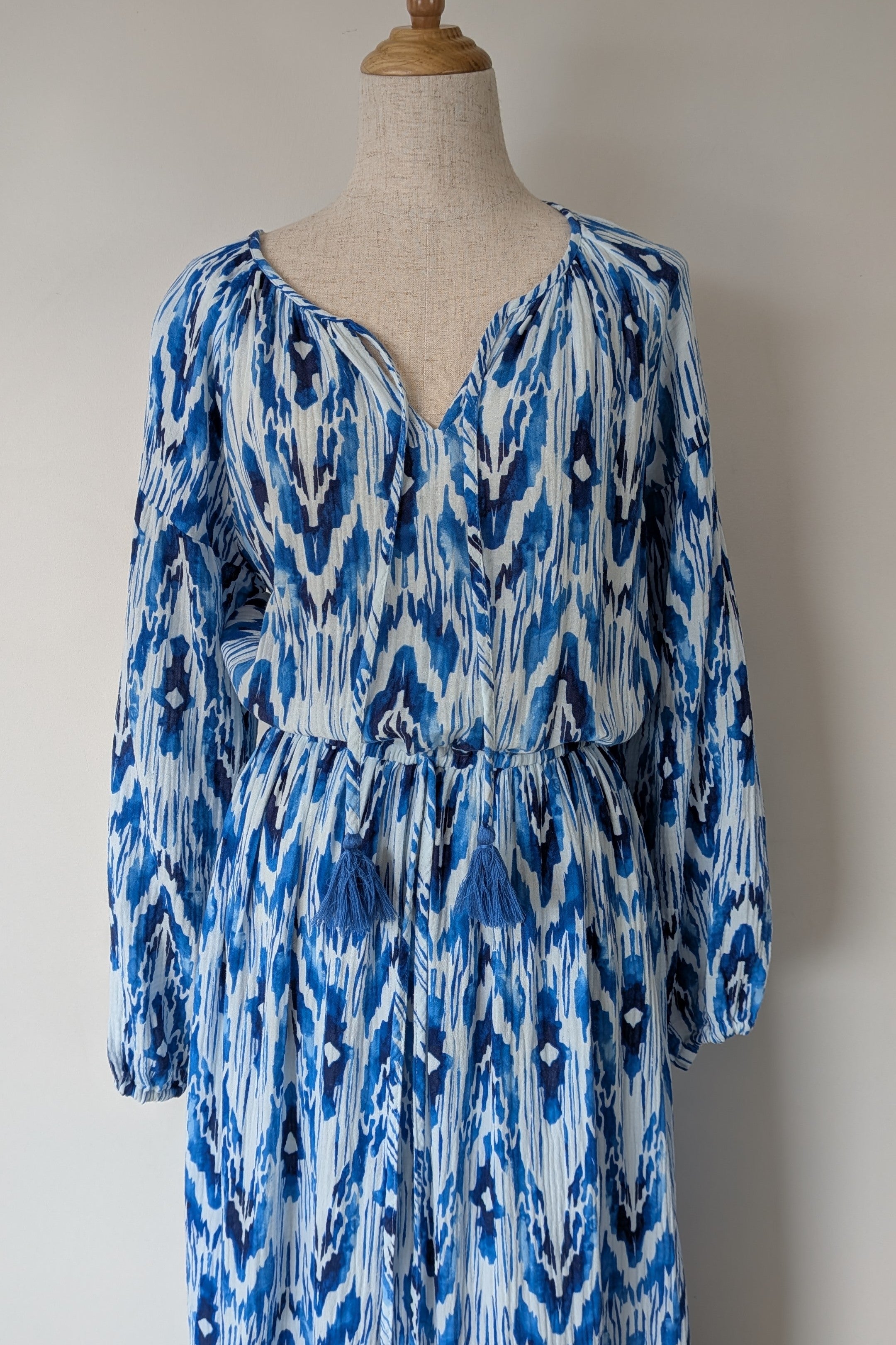 David Jones Long Sleeve Volume Waisted Maxi Dress in Blue Dye Ikat Print Size 12