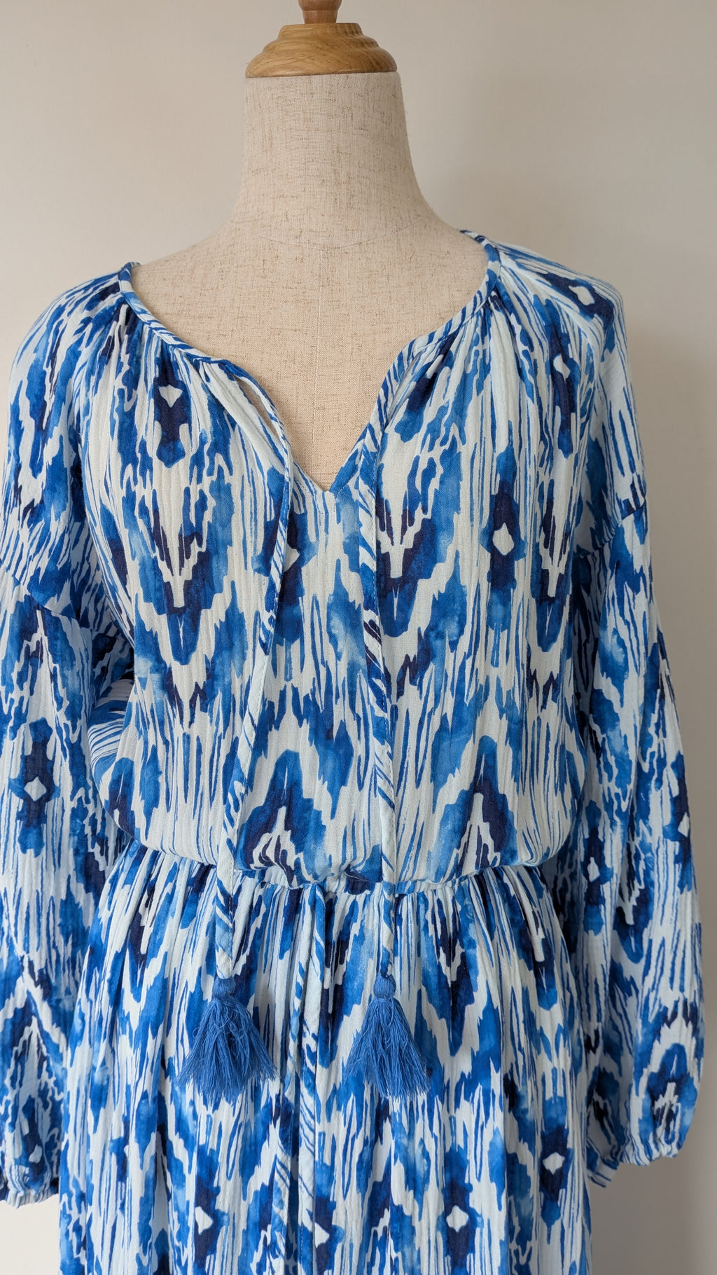 David Jones Long Sleeve Volume Waisted Maxi Dress in Blue Dye Ikat Print Size 12