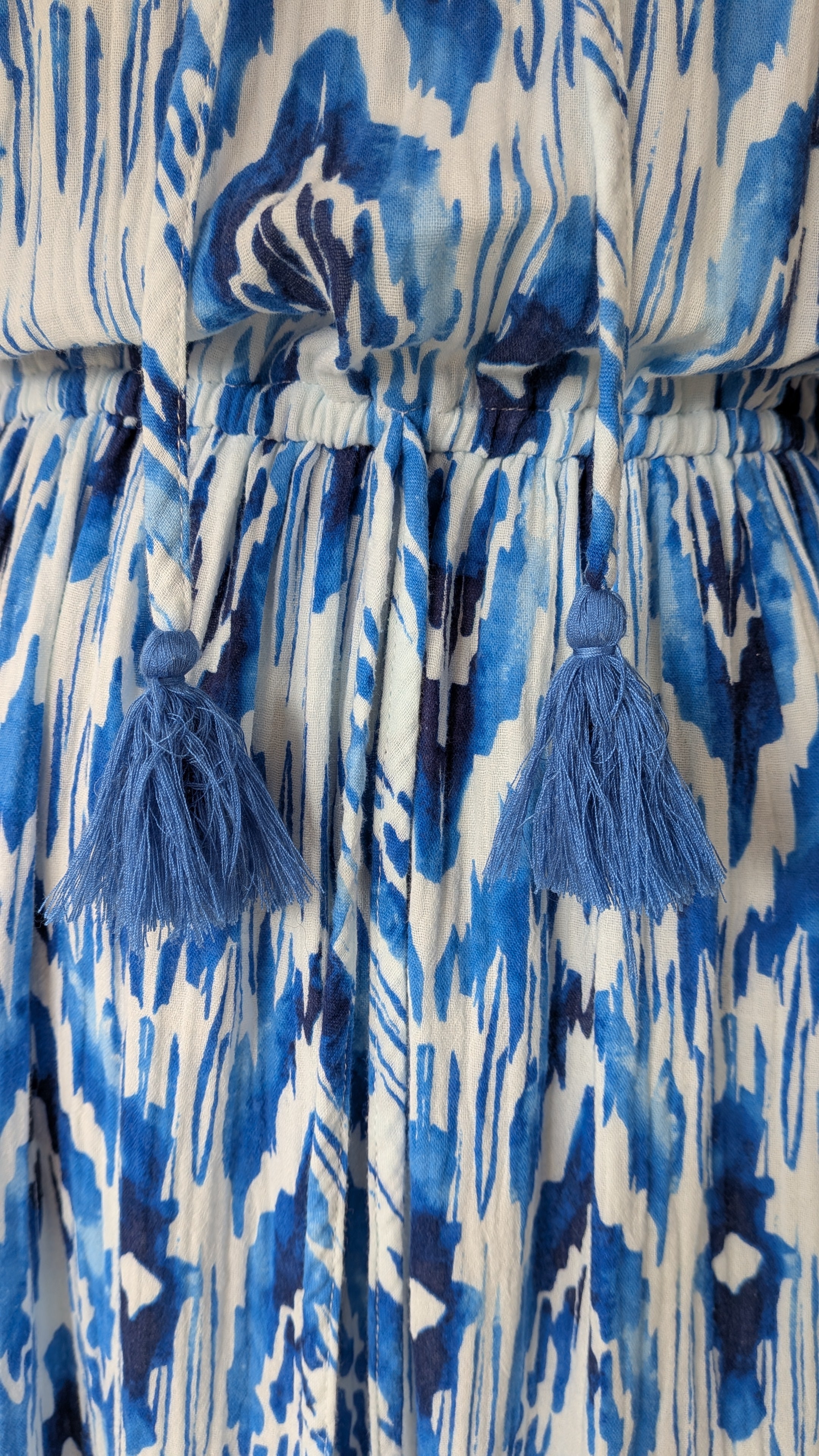 David Jones Long Sleeve Volume Waisted Maxi Dress in Blue Dye Ikat Print Size 12