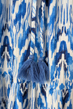 David Jones Long Sleeve Volume Waisted Maxi Dress in Blue Dye Ikat Print Size 12