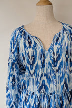 David Jones Long Sleeve Volume Waisted Maxi Dress in Blue Dye Ikat Print Size 12