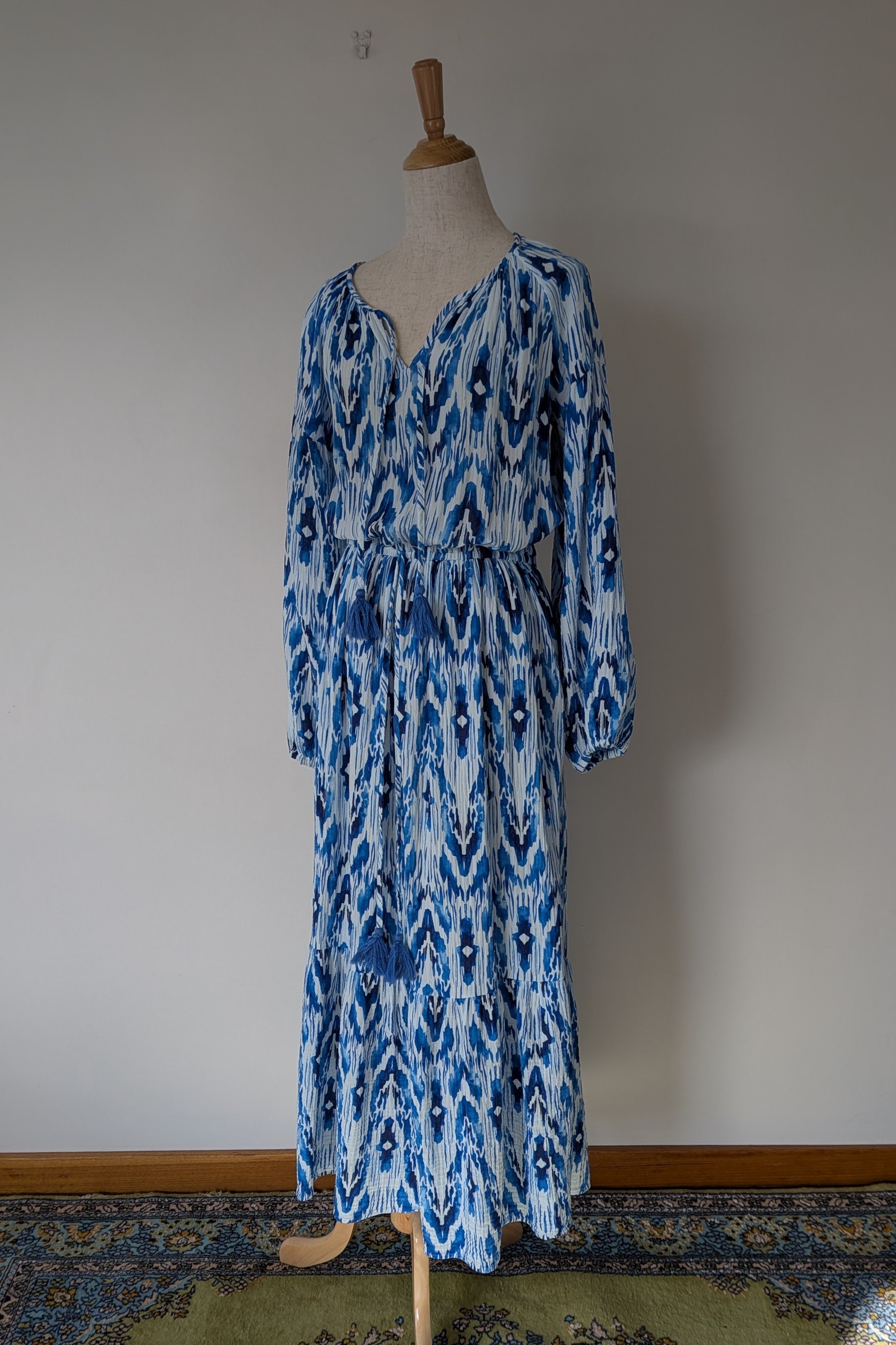 David Jones Long Sleeve Volume Waisted Maxi Dress in Blue Dye Ikat Print Size 12