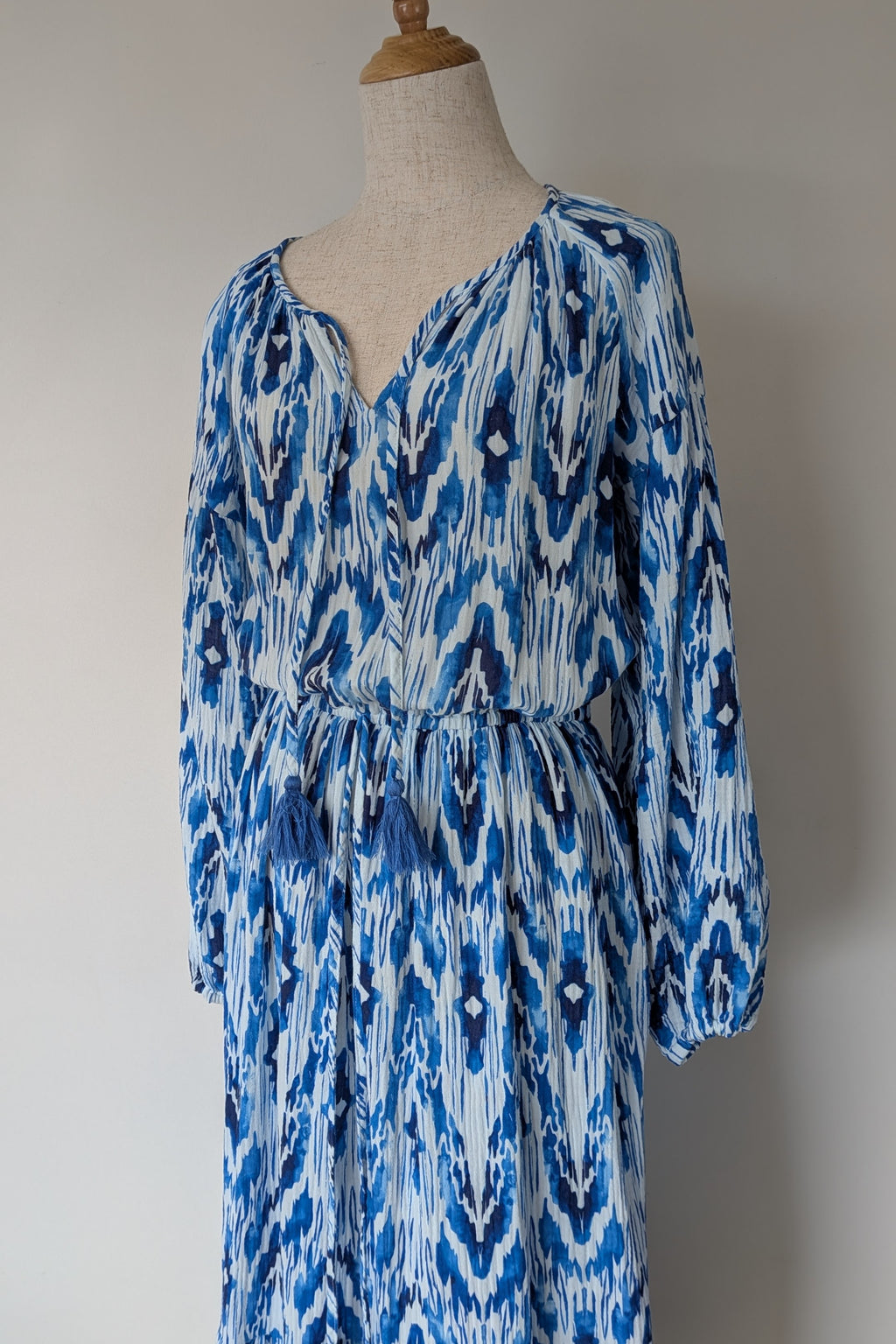 David Jones Long Sleeve Volume Waisted Maxi Dress in Blue Dye Ikat Print Size 12