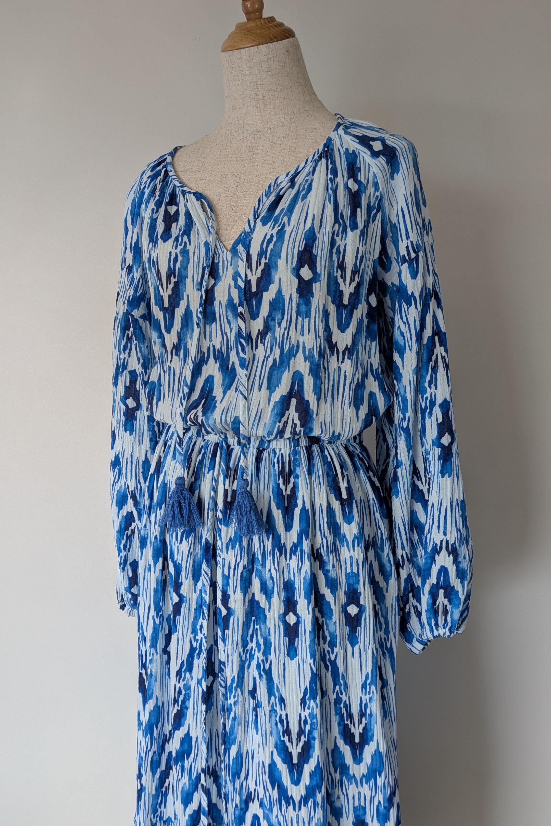 David Jones Long Sleeve Volume Waisted Maxi Dress in Blue Dye Ikat Print Size 12