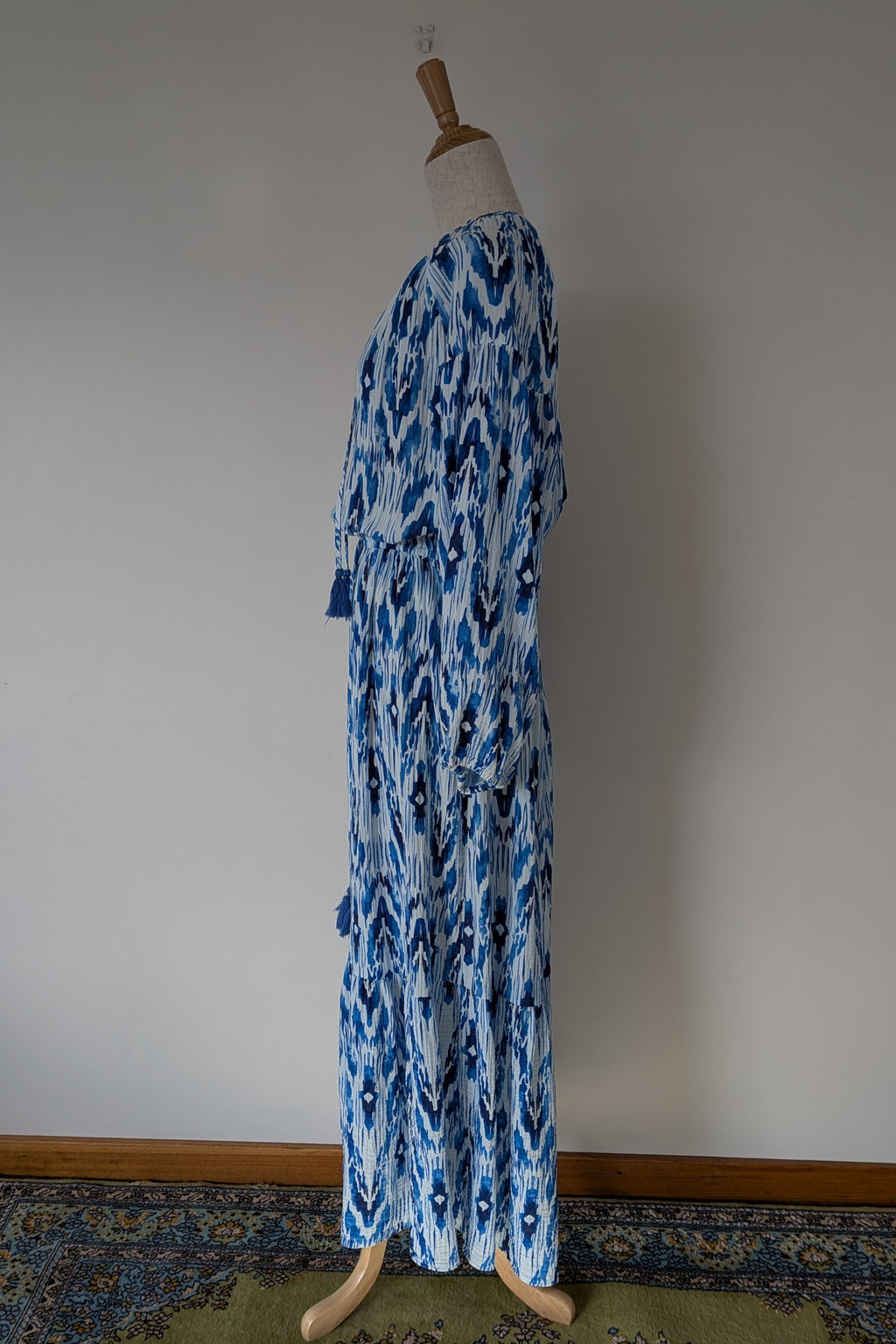 David Jones Long Sleeve Volume Waisted Maxi Dress in Blue Dye Ikat Print Size 12
