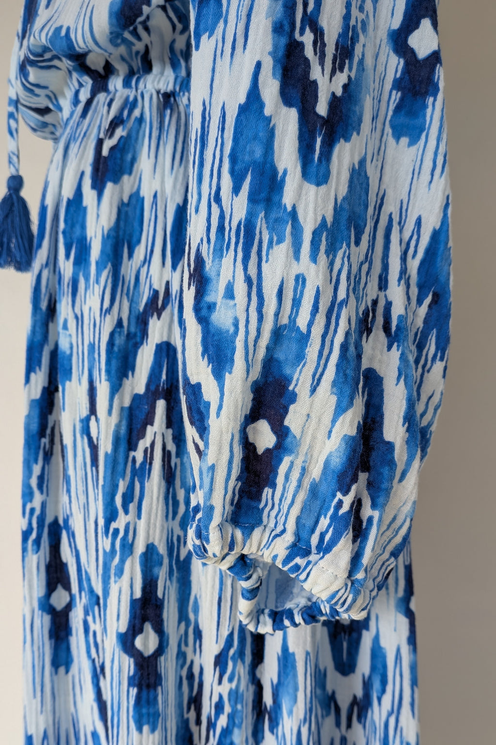 David Jones Long Sleeve Volume Waisted Maxi Dress in Blue Dye Ikat Print Size 12