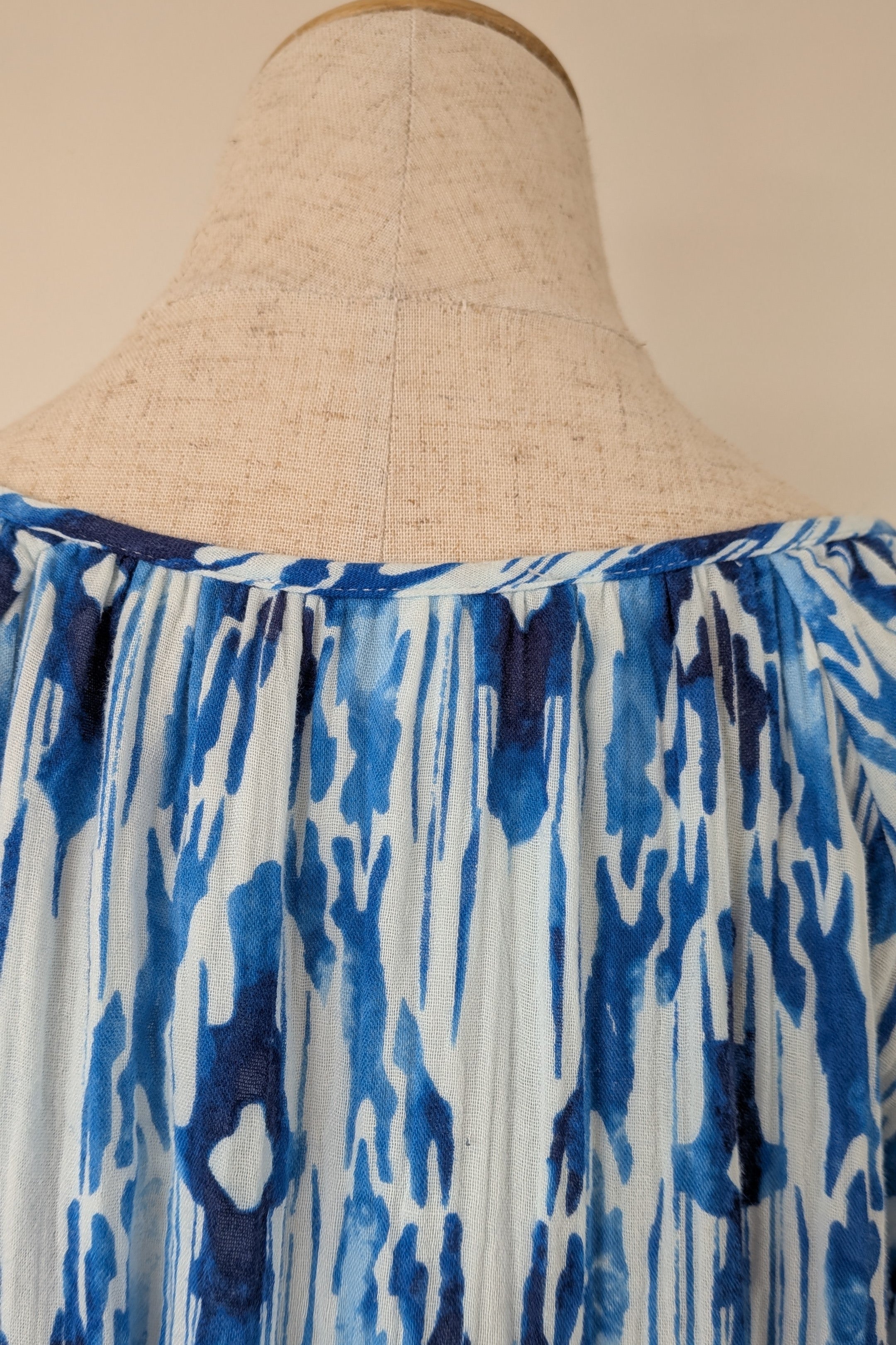 David Jones Long Sleeve Volume Waisted Maxi Dress in Blue Dye Ikat Print Size 12