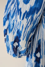 David Jones Long Sleeve Volume Waisted Maxi Dress in Blue Dye Ikat Print Size 12