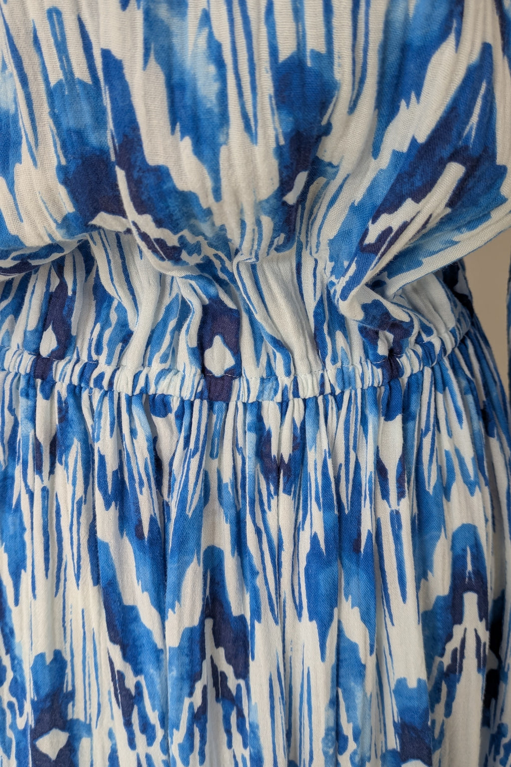 David Jones Long Sleeve Volume Waisted Maxi Dress in Blue Dye Ikat Print Size 12