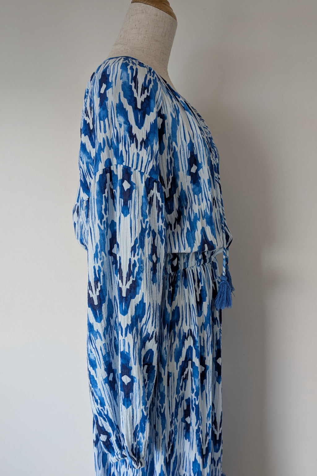 David Jones Long Sleeve Volume Waisted Maxi Dress in Blue Dye Ikat Print Size 12