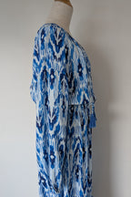 David Jones Long Sleeve Volume Waisted Maxi Dress in Blue Dye Ikat Print Size 12
