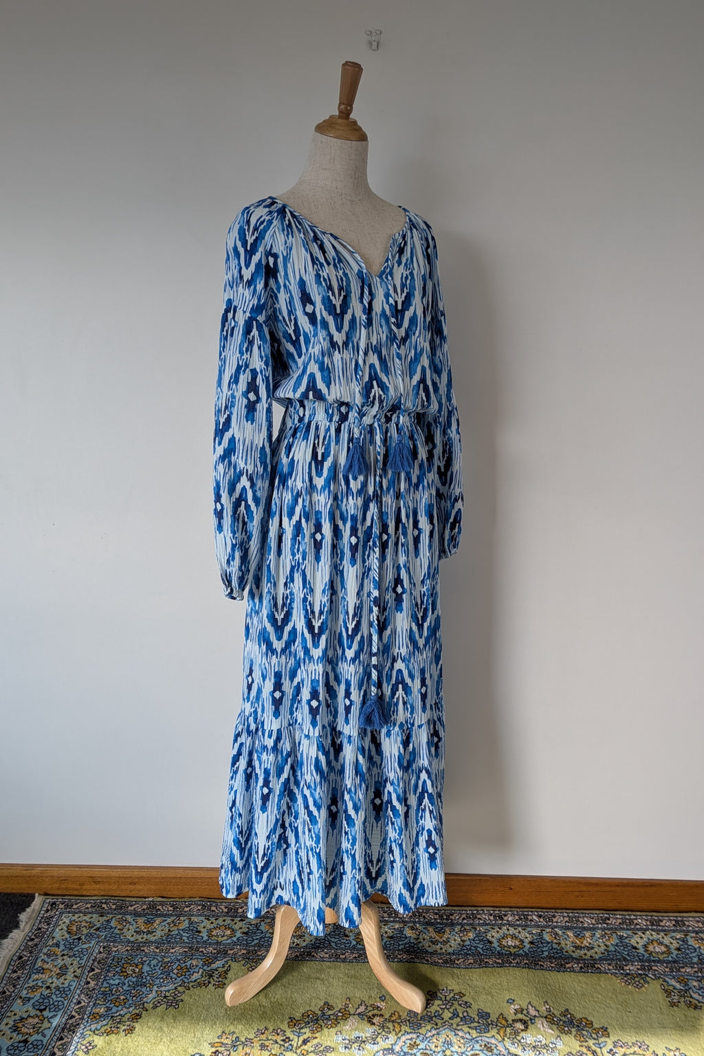 David Jones Long Sleeve Volume Waisted Maxi Dress in Blue Dye Ikat Print Size 12