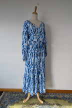 David Jones Long Sleeve Volume Waisted Maxi Dress in Blue Dye Ikat Print Size 12