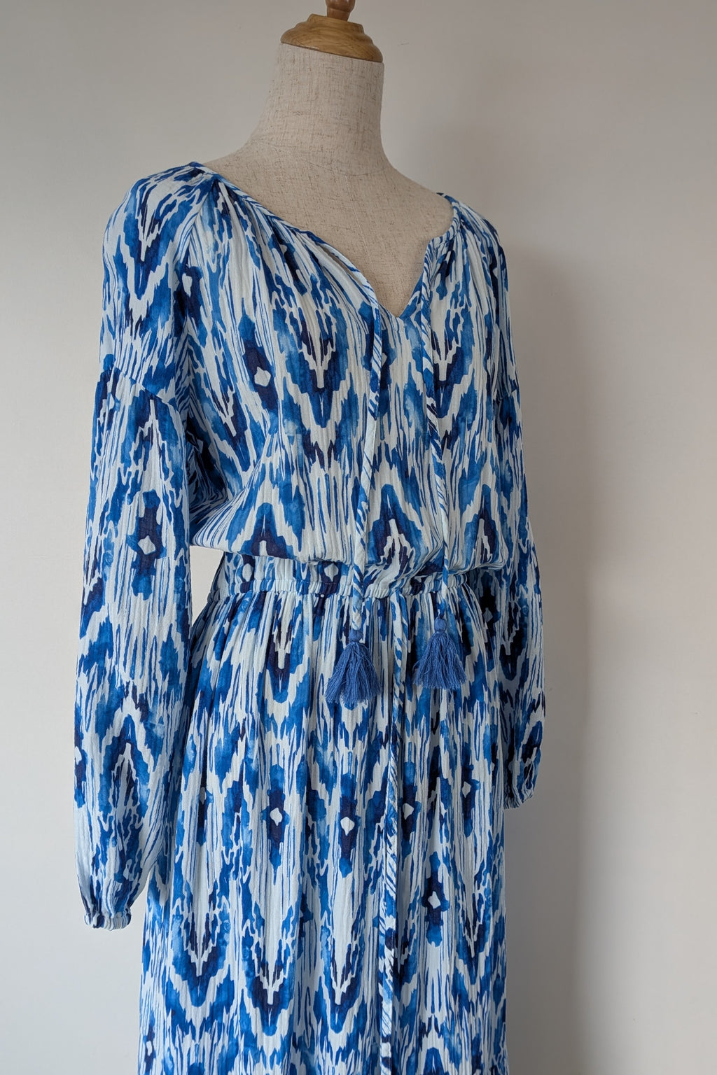 David Jones Long Sleeve Volume Waisted Maxi Dress in Blue Dye Ikat Print Size 12
