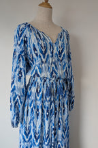 David Jones Long Sleeve Volume Waisted Maxi Dress in Blue Dye Ikat Print Size 12