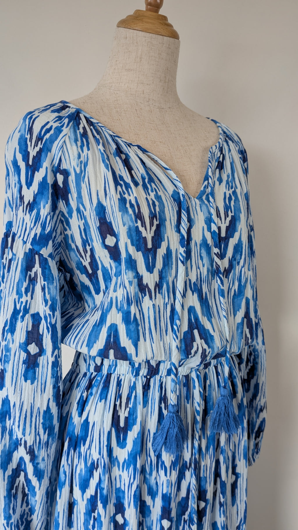 David Jones Long Sleeve Volume Waisted Maxi Dress in Blue Dye Ikat Print Size 12
