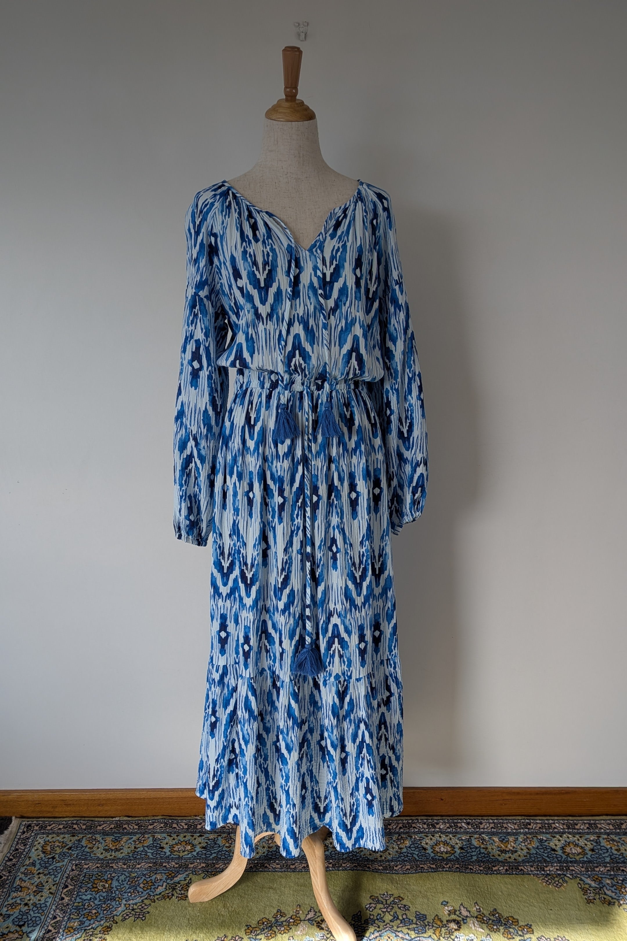 David Jones Long Sleeve Volume Waisted Maxi Dress in Blue Dye Ikat Print Size 12