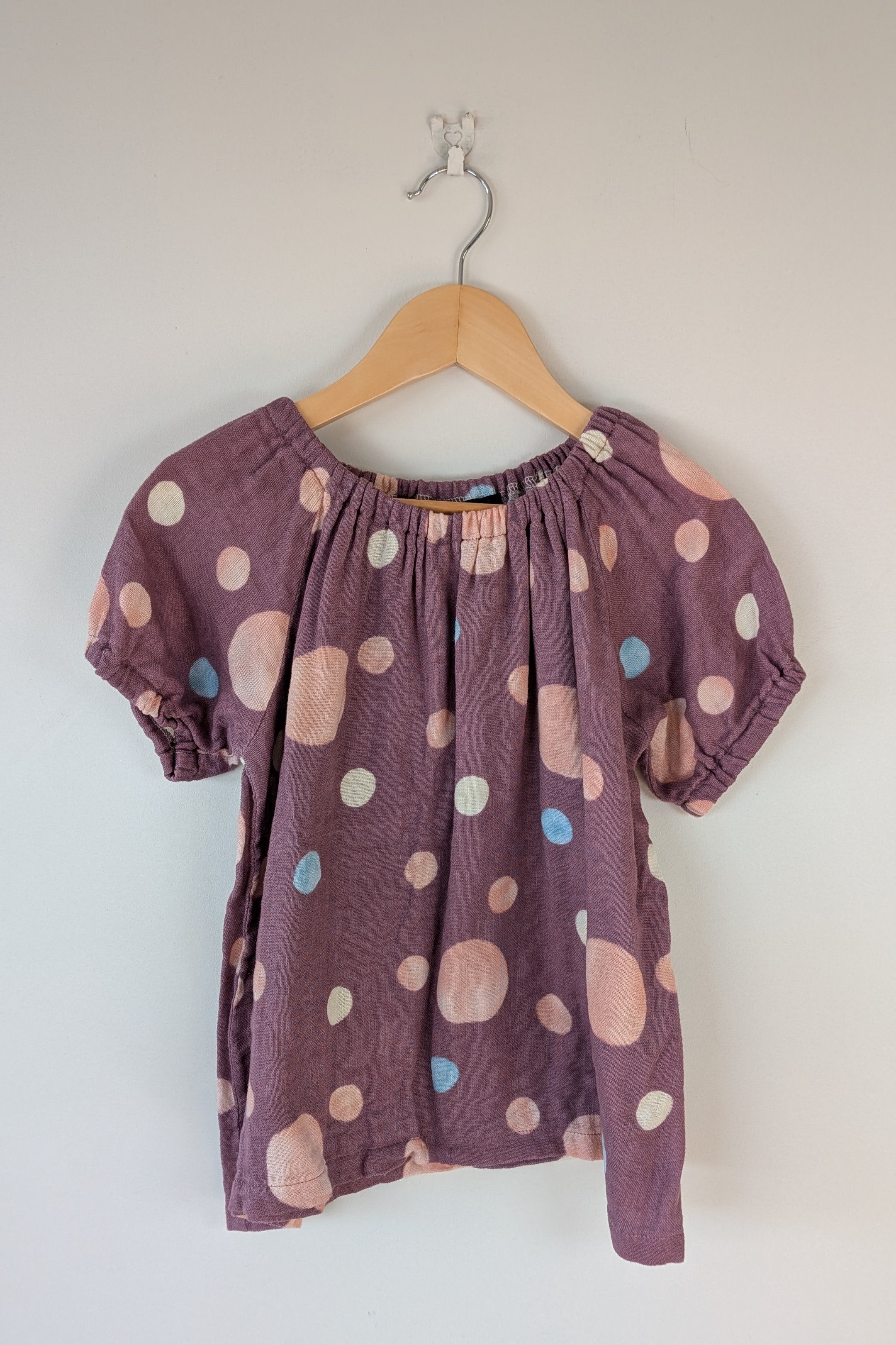 lj junior Plum Polka Dot Puff Sleeve Cotton Top Size 10 (Made in Tasmania)