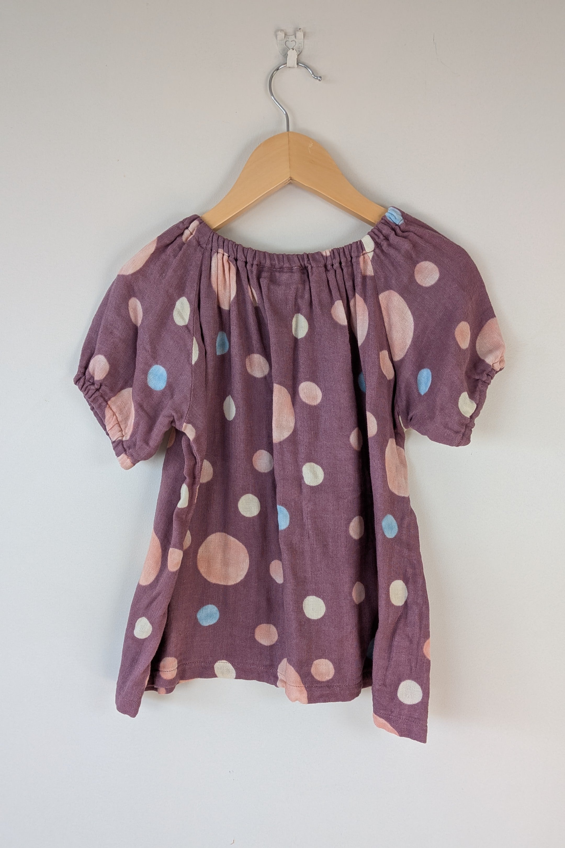lj junior Plum Polka Dot Puff Sleeve Cotton Top Size 10 (Made in Tasmania)