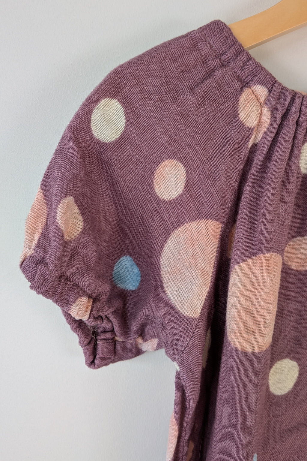 lj junior Plum Polka Dot Puff Sleeve Cotton Top Size 10 (Made in Tasmania)