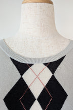 Cue Argyle Knit Sleeveless Top with Ruffle Peplum Hem Size M