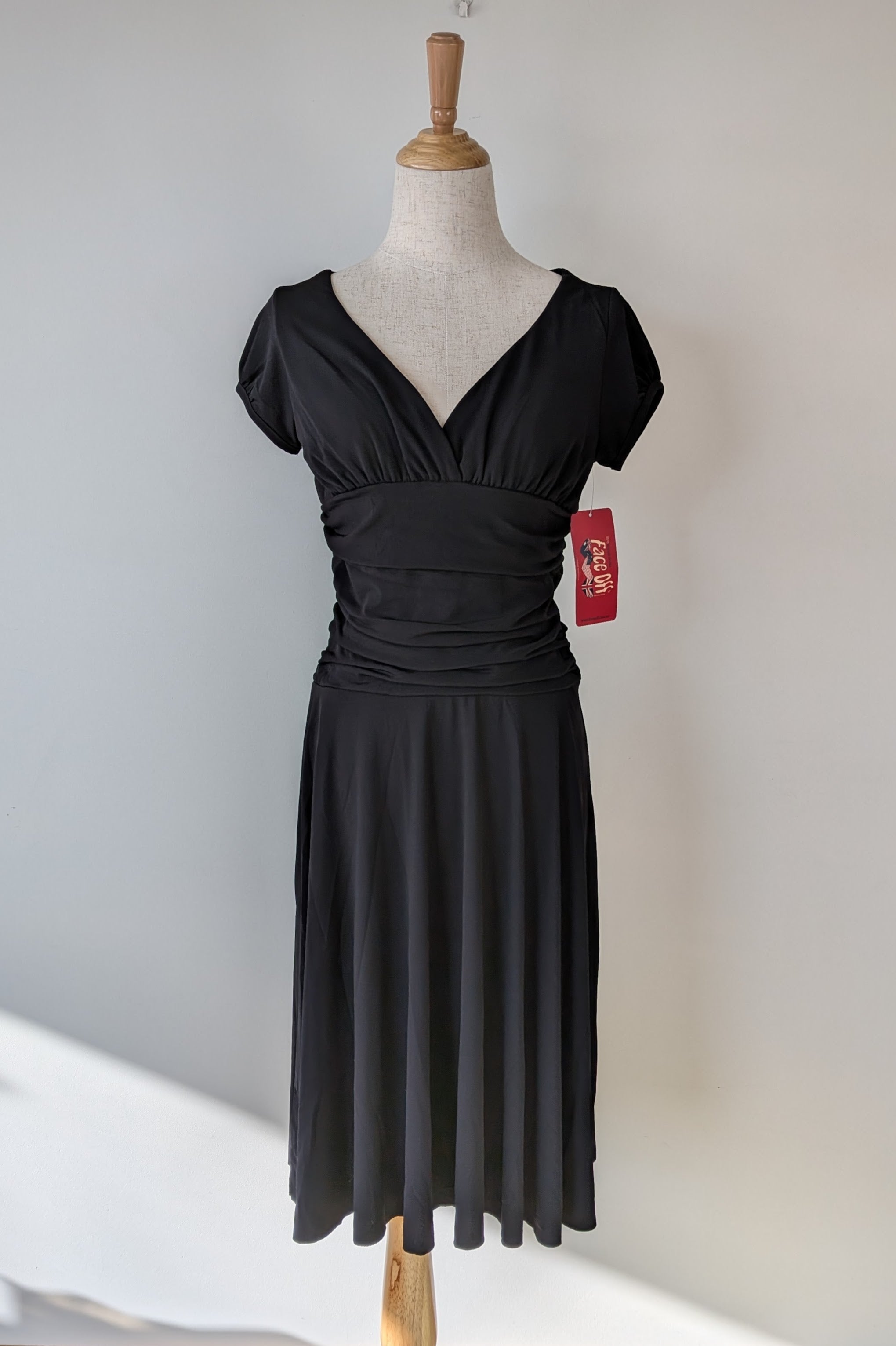Vintage Y2K Face Off Black Ruched Midi Dress Size 12 Brand New With Tags