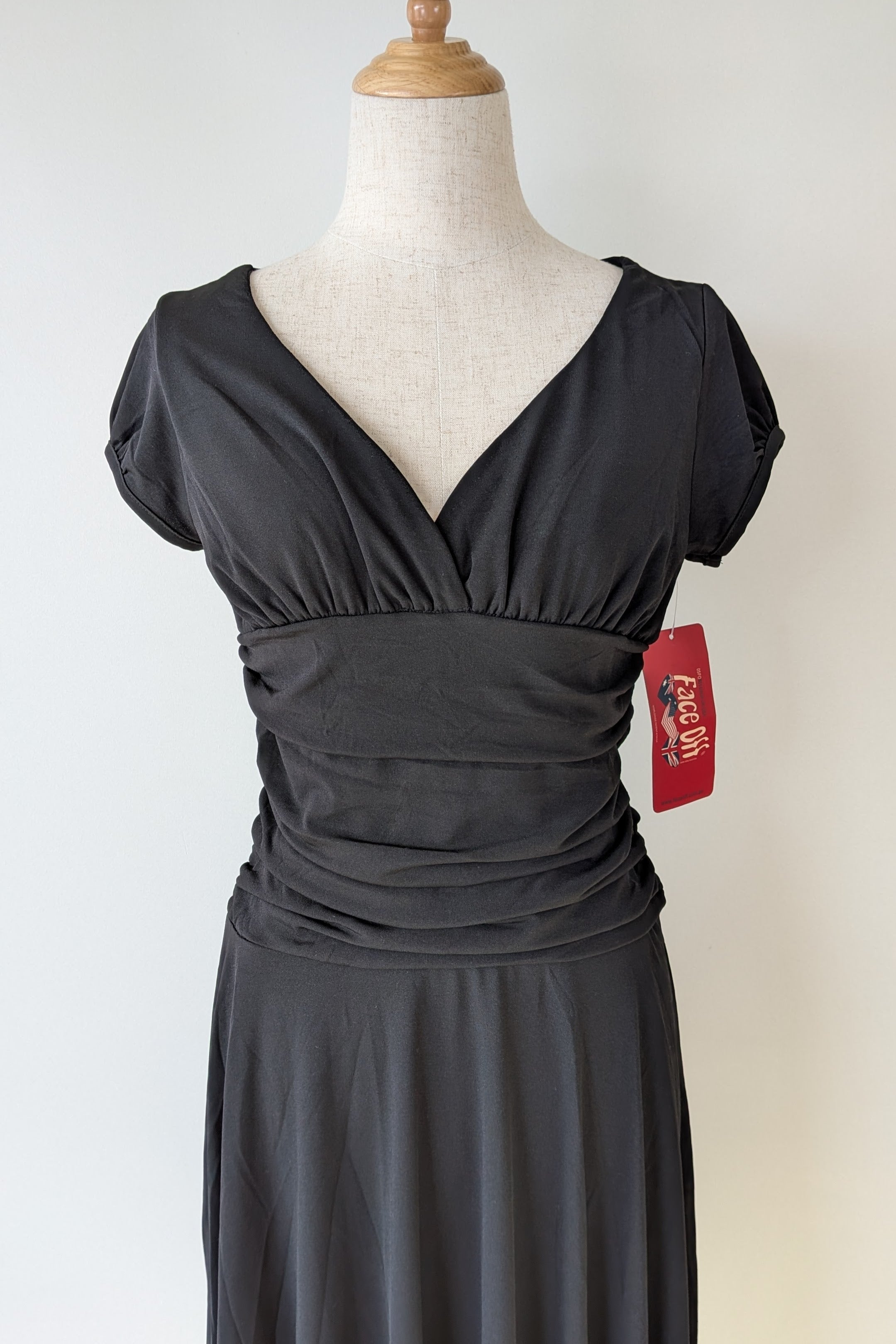 Vintage Y2K Face Off Black Ruched Midi Dress Size 12 Brand New With Tags