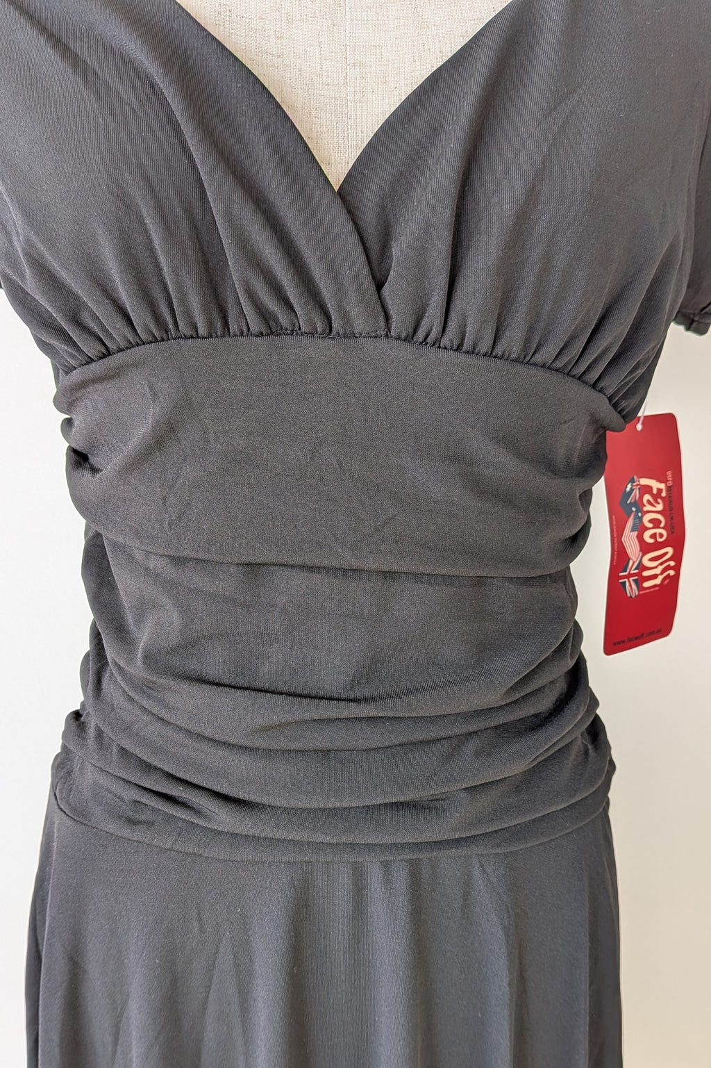 Vintage Y2K Face Off Black Ruched Midi Dress Size 12 BNWT