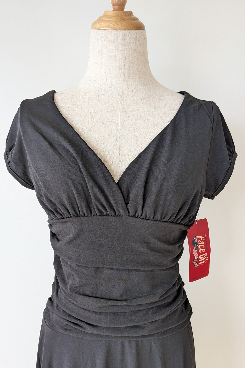 Vintage Y2K Face Off Black Ruched Midi Dress Size 12 BNWT