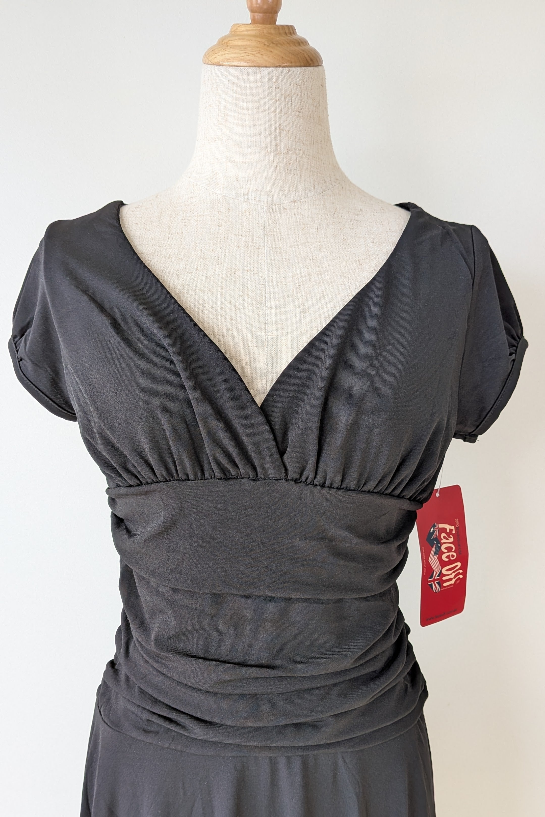 Vintage Y2K Face Off Black Ruched Midi Dress Size 12 Brand New With Tags