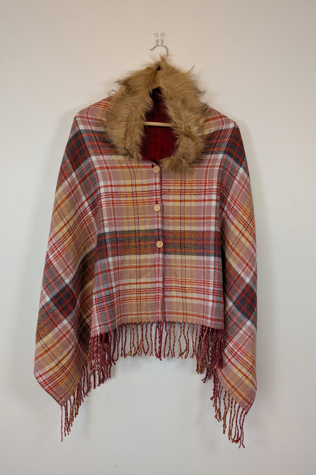 Plaid Faux Fur Collar Plaid Shawl Size S/M