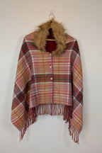 Plaid Faux Fur Collar Plaid Shawl Size S/M