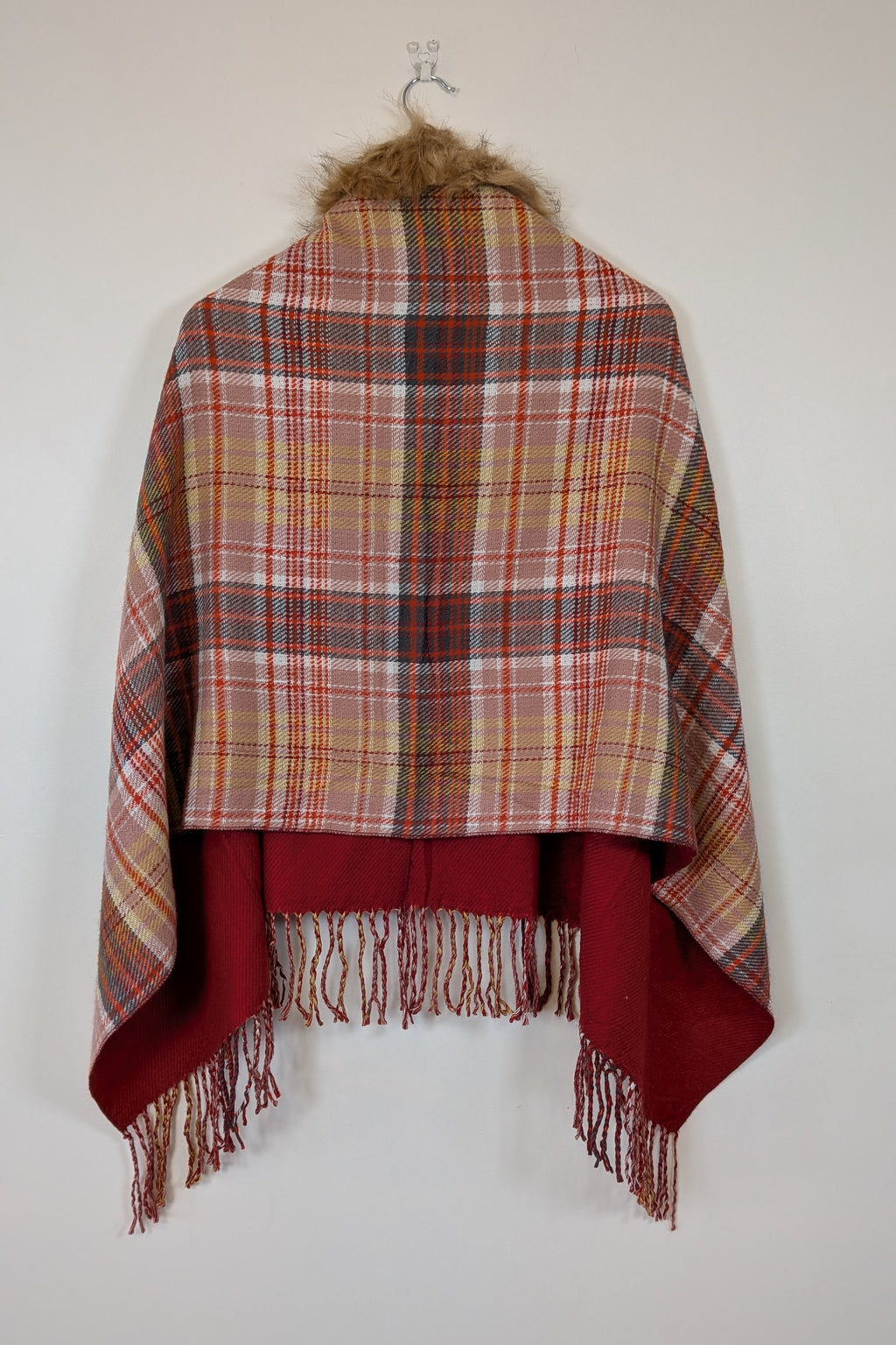 Plaid Faux Fur Collar Plaid Shawl Size S/M
