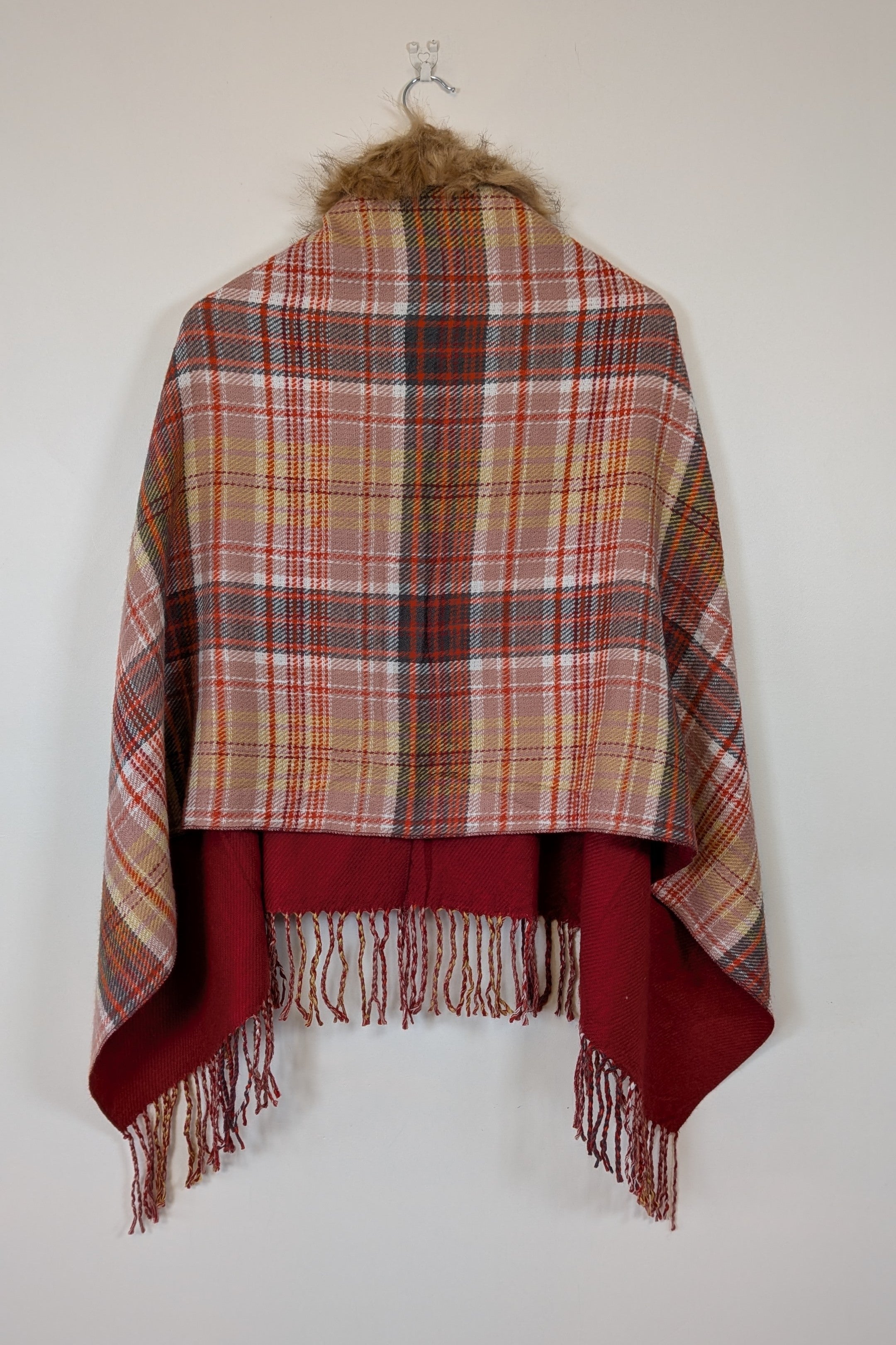 Plaid Faux Fur Collar Plaid Shawl Size S/M
