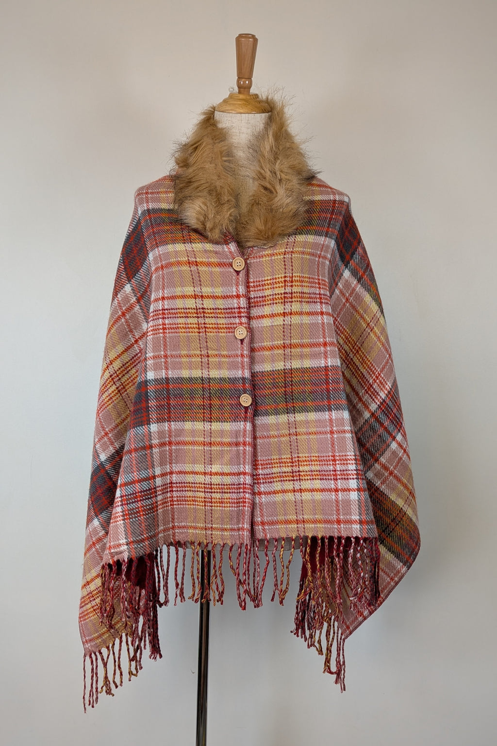 Plaid Faux Fur Collar Plaid Shawl Size S/M