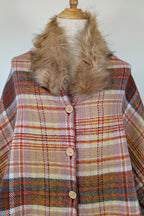 Plaid Faux Fur Collar Plaid Shawl Size S/M
