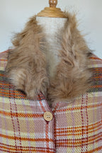 Plaid Faux Fur Collar Plaid Shawl Size S/M